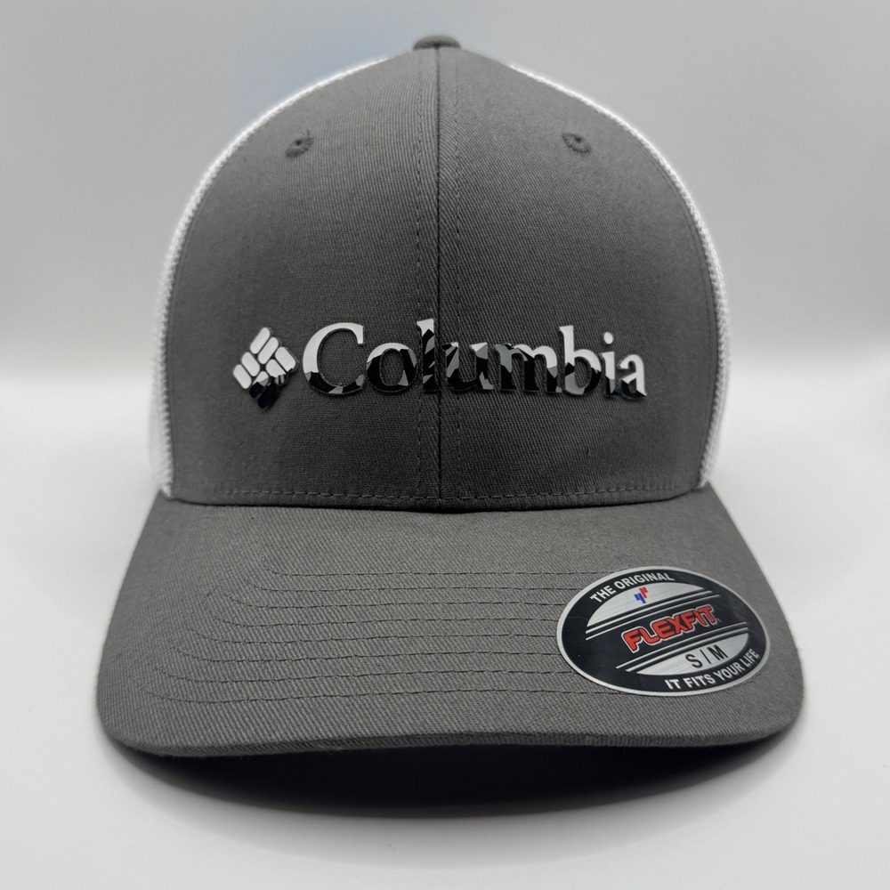 Columbia Mesh Ballcap Grey Camo Logo Flexfit Trucker Hat CU9489-049 S/M
